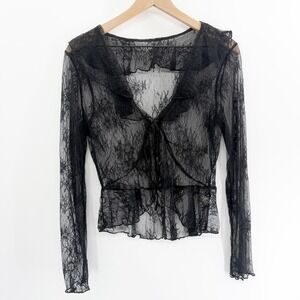 Whimsygoth Sheer Floral Lace Tie Front Cardigan in Black Size M